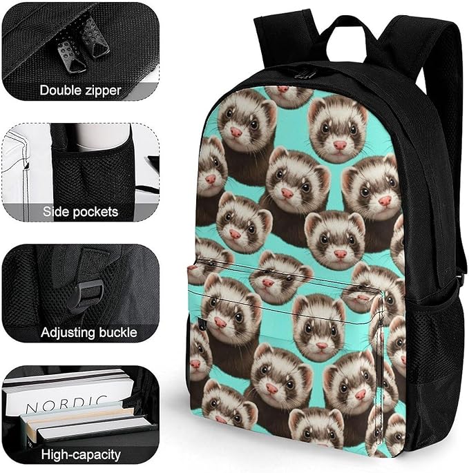 Lightweight Rucksack for Sports Travel Running, Big Capacity Multipurpose Anti-Theft Bookbag, Cute Ferret Travel and Sport Backpack Rucksack