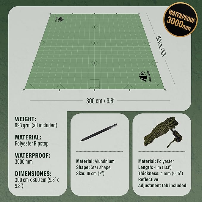 Camping Tarp 10x10 ft (3x3 m) Waterproof Lightweight Rain Fly - Backpacking, Hammock Shelter, Emergency Survival Tent, Durable, Compact All-Weather Cover