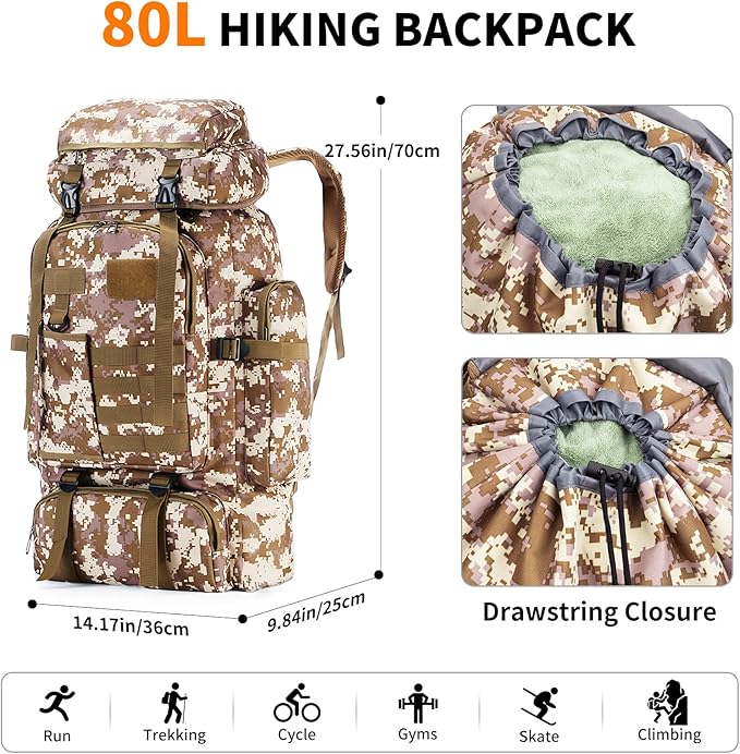 Hiking Backpack Tactical Backpack for Men Women, 80L Military Backpack Rucksack Waterproof Large Travel Camping Backpack for Men, Molle Rucksack Outdoor Travel Cycling Daypack (Desert Camo)