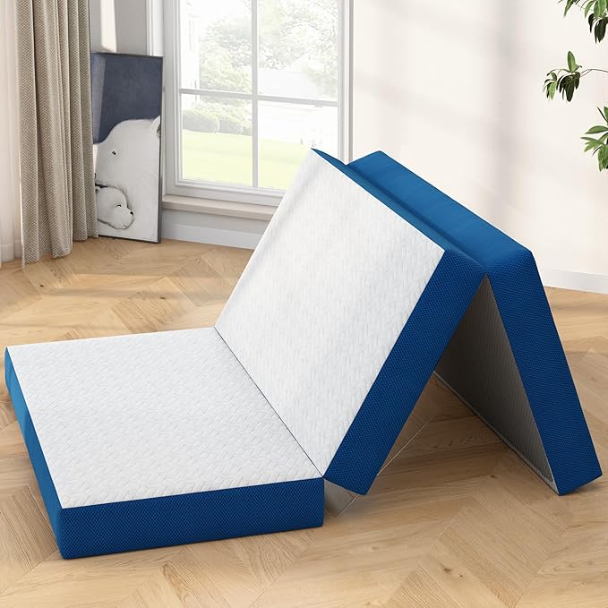6 Inch Tri-Fold Mattress Twin Size, Portable Memory Foam Guest Bed with CertiPUR-US Certified Cooling Gel & Washable Cover, Folding Mattress for Camping, Dorm, RV & Living Room