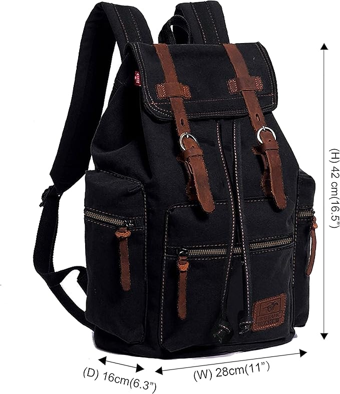 HuaChen Vintage Canvas Travel Backpack with Leather Trim, Laptop Padded Sleeve, Hidden Back Security Pocket, Fits 14-Inch, M32 Black