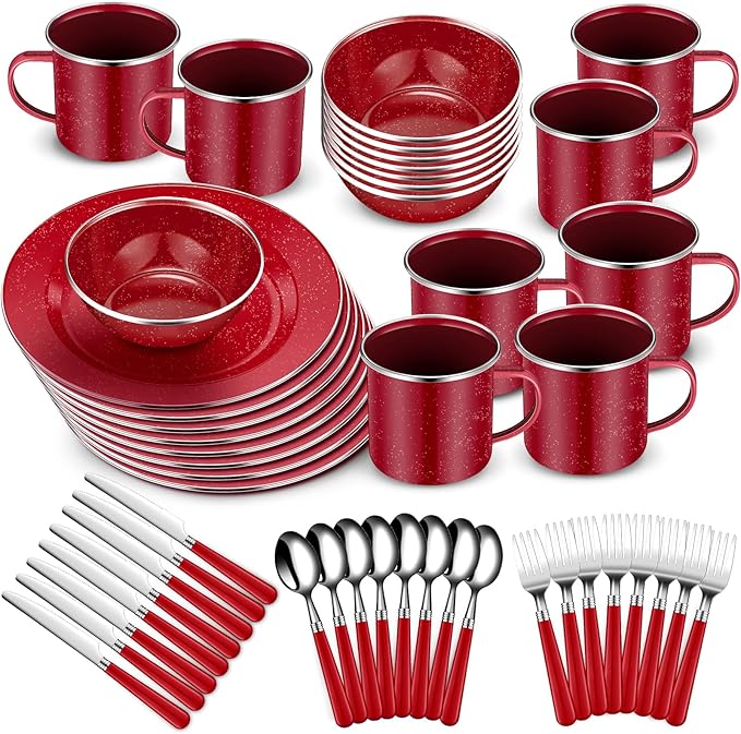 Nuogo 48 Pcs Enamel Camping Tableware Includes 12 oz Coffee Mugs 10.5 Inch Camping Plates 6 Inch Bowls and Utensils Set Includes Knife Fork Spoon for Outdoor RV(Red)