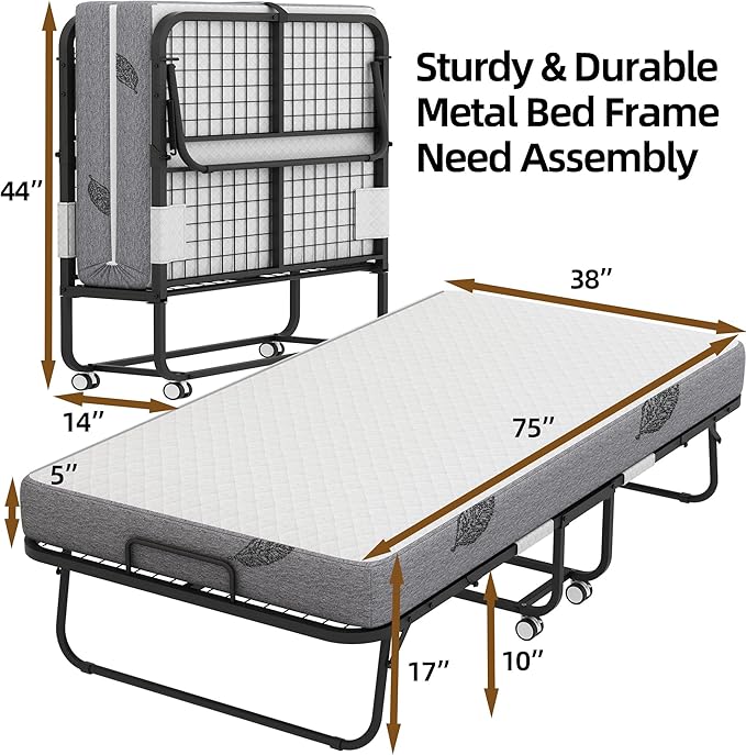 Folding Bed with Mattress 75" x 38" for Adults Twin Size Folded Rollaway Guest Portable Foldable Extra Fold up Bed with 5-Inch Memory Foam Mattress Space-Saving Sturdy Metal Frame