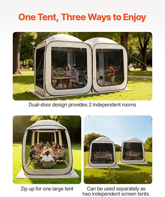 VEVOR Pop up Screen House Tent, 12 x 6 ft, 2 in 1 Screen Gazebo, Portable Screened in Canopy with Carry Bag, Netting Sides, Ground Stakes, for Garden, Patio, Backyard, and Outdoor Activities, Beige