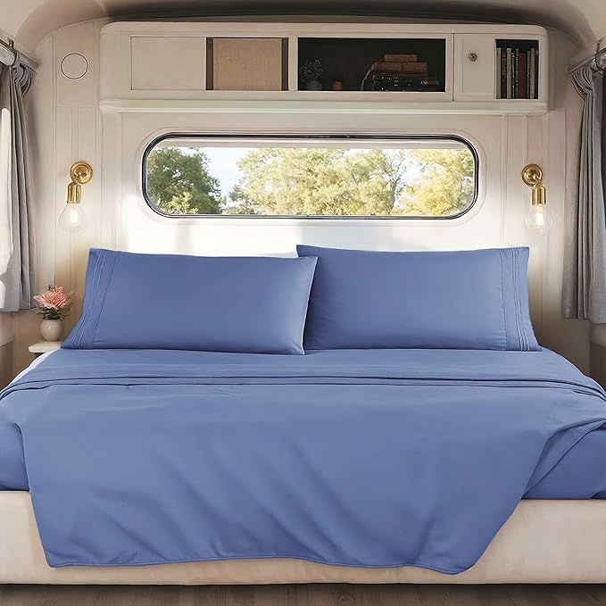 Hearth & Harbor Short Queen Sheets for RV, Steel Blue RV Queen Sheets, Silky Soft 1800 Microfiber Bed Sheet for Camper, 4 Piece RV Bedding with Pillowcases