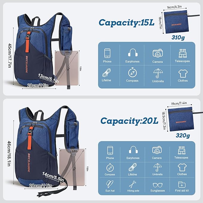 15L Small Hiking Backpack for Men Women Foldable Packable Back Pack Ultralight Hiking Daypack for Travel Camping Outdoor, Navy Blue