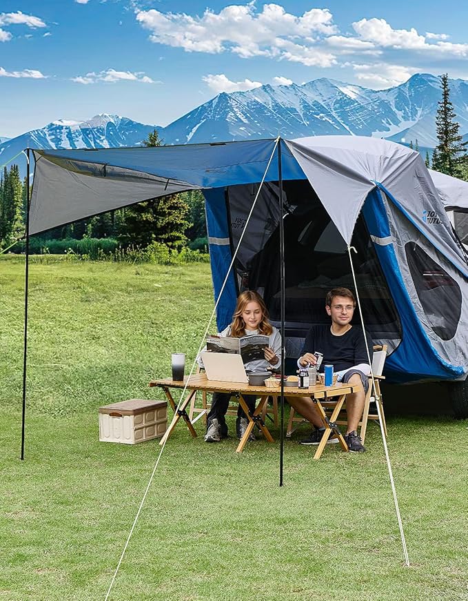 JOYTUTUS SUV Tailgate Tent with Three Sides Awning and Poles, Water Resistant SUV Camping Tent with Car Roof Cover, Car Camping Universal Fit Most SUVs, Cars, Grey Blue