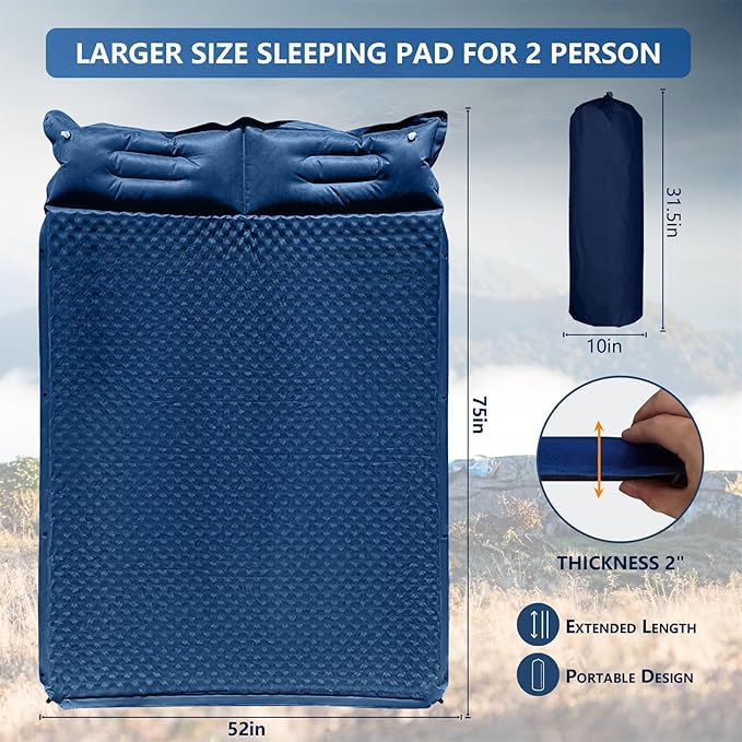 Double Camping Sleeping Pad with Pillow, 2" Memory Foam Camping Mattress 2 Person, 5R Insulated Self Inflating Camping Pad, Air Mattress Inflatable Sleeping Mat for Tent, Backpacking, Hiking (Blue)