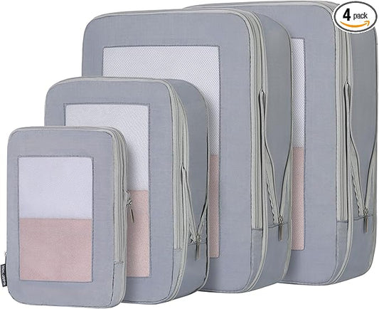 4 Set Ultralight Compression Packing Cubes Travel for Suitcases ，Compressible Mesh Packing Cubes for Travel Women Packing Organizers (Gray)