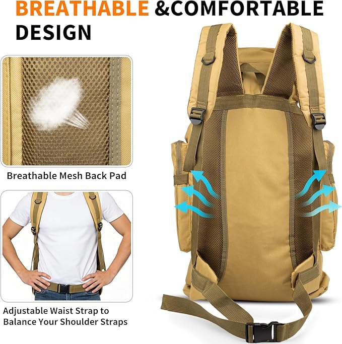 Hiking Backpack Tactical Backpack for Men Women, 80L Military Backpack Rucksack Waterproof Large Travel Camping Backpack for Men, Molle Rucksack Outdoor Sport Travel Cycling Daypack (Khaki)