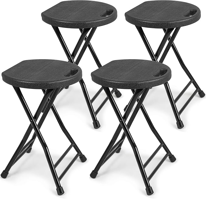 Set of 4 Folding Stool, Foldable Stool with Handle, Portable Stools for Adults Heavy Duty, Folding Chair Outdoor/Indoor, 18 inch Collapsible Stool for Meeting Room/Party/Garden/Home (Black)