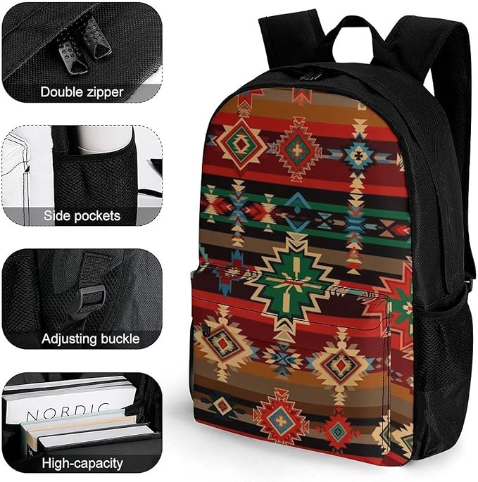 Lightweight Daypack Bookbag for Trekking Business Walking Cycling, Big Capacity Anti-Theft Multipurpose Carry On Bag, Ethnic Aztec Indiana Western Southwest Retro Vintage Pattern Business Computer Bag
