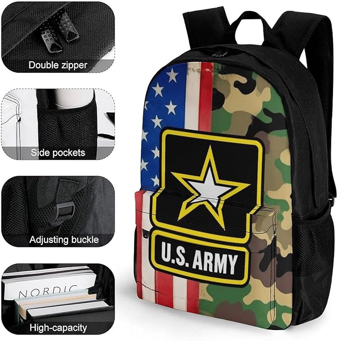 Supdreamc Polyester Daypack Bookbag for Gym Business Bicycle, Large Capacity Multipurpose Anti-Theft Carry On Bag, American Flag Army Green Camo Usa Retro Camouflage Travel Hiking Daypack