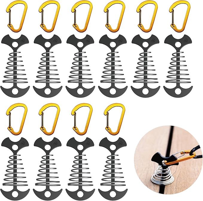 NACETURE Deck Anchors Pegs with Carabiners - Tie Down Anchor Rope Tensioner | Rope Tent Tie Down Stakes Clips, Canopy Tent Anchors Outdoor Camping Tent Accessories 10 Pack (Black)