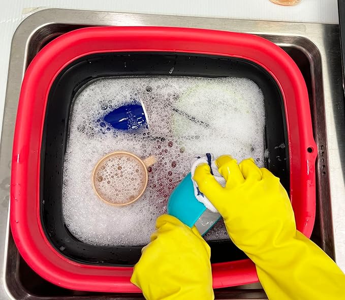 SAMMART 15L (3.9 Gallon) Collapsible Dishpan with Draining Plug - Foldable Washing Basin - Portable Dish Washing Tub - Camping & Space Saving Kitchen Storage Tray (Vermeil/Black (Set of 2))