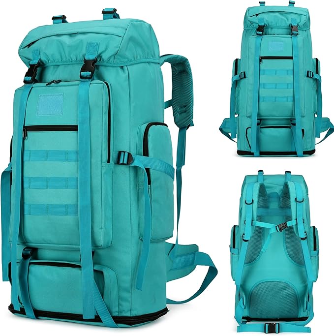 100L Hiking Camping Backpack MOLLE Rucksack Waterproof Daypack (LakeBlue)