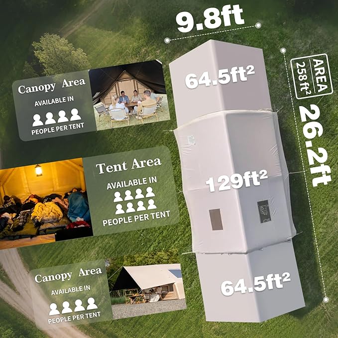 Inflatable Camping Tents 8-10 Person,129 Square Feets Large Inflatable Camping Tent with Stove Jack,Blow up Tent with Mesh Windows & Pump