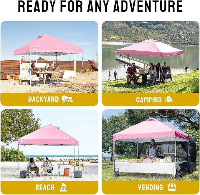 CROWN SHADES 10x10 Pop Up Canopy - Beach Tent with One Push Setup - Easy Outdoor Sun Shade for Events, Parties, Camping - Gazebo with STO-N-Go Cover Bag, Silver Coated Top, Pink