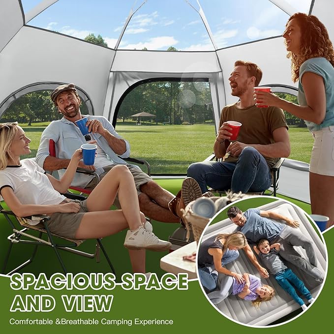 Family Camping Tent 4 Person Waterproof Cabin Tent with Awning and 4 Sided Mesh Windows Easy Setup Portable Outdoor Tent for Beach Park Mountain Hiking Fits 1 Full Air Mattress