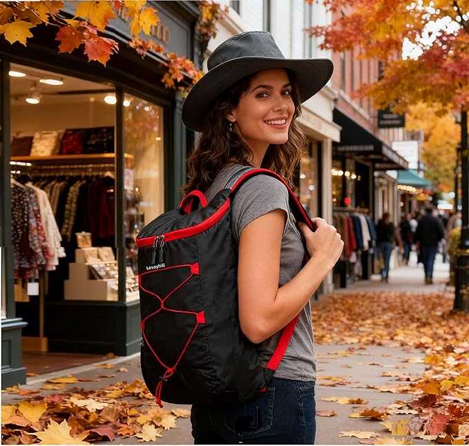 16L Lightweight Foldable Hiking-Backpack Small Packable-Daypack For Travel,Ultralight Water-Resistant Gym Bag Men Women Easy Carry-on (Black+Red)
