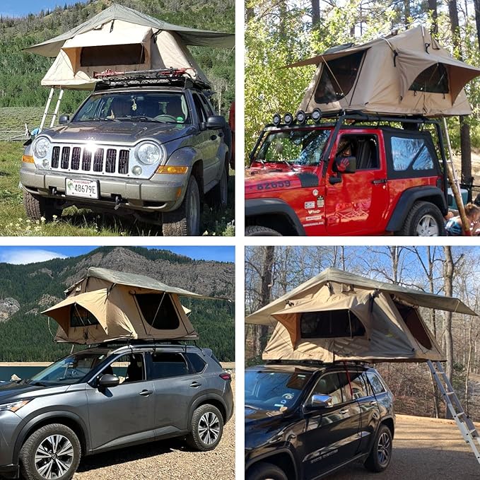 Roof Top Tent Camping for SUV Jeep Truck, 800D Waterproof Soft Shell Rooftop Tent, Quick-Setup Design with Telescopic Ladder & LED Lighting for 2-3 Person