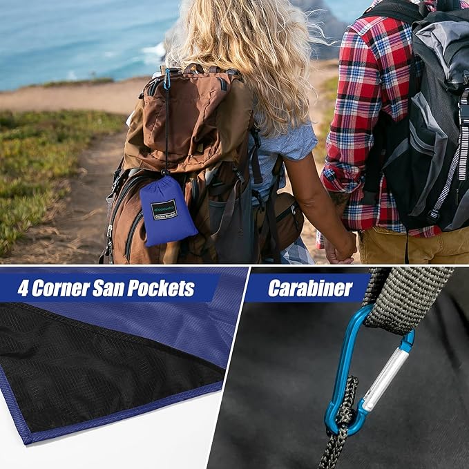 Odoland Pocket Blanket Picnic Blanket, 71" x 63" SandProof Waterproof Outdoor Beach Blanket with Portable Bag, Foldable Lightweight Sand Free Quick Drying Beach Mat for Hiking Camping Travel, Blue