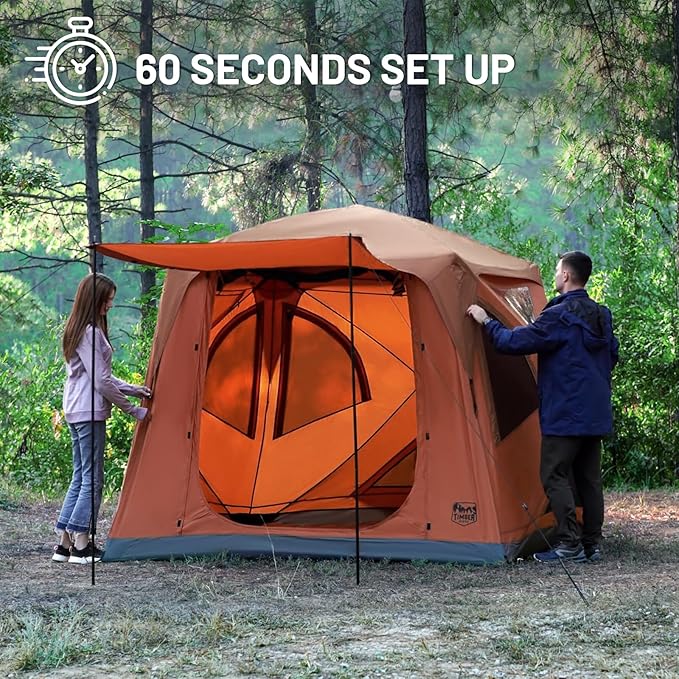 TIMBER RIDGE Instant Pop-Up Weather Resistant Camping Hub Tent, Easy 60 Second Set-Up, Portable 4 Person Tents for Outdoor, Camping, Picnicking, Orange