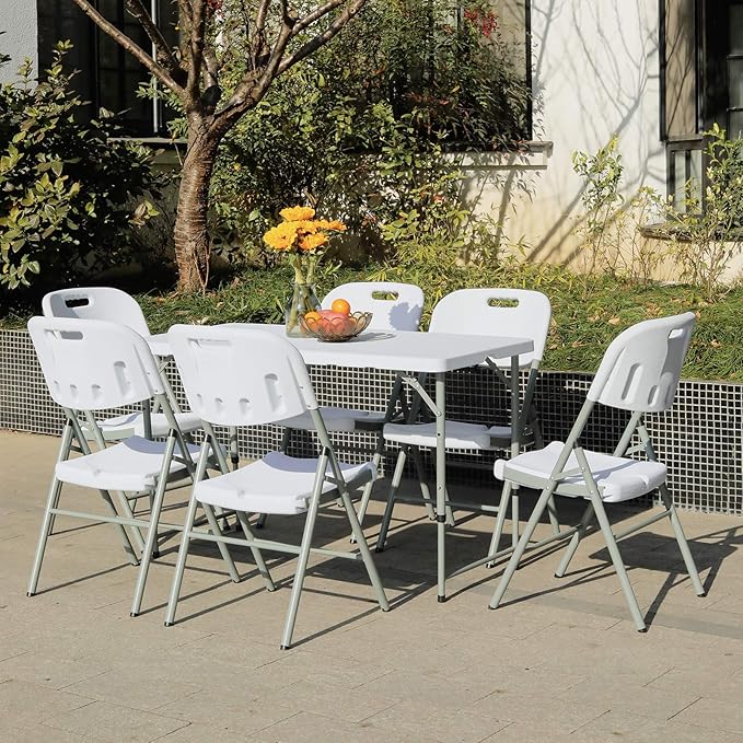 Folding Table 4-FootSmall White Plastic Utility Table Portable,Indoor and Outdoor Adjustable Height with HandleTable, Camping,Partyand Gathering