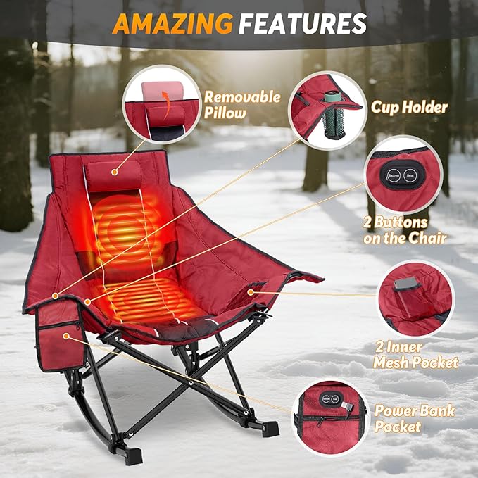 Suteck Heated Rocking Camping Chair - Fully Thicker Padded Heated Chairs for Outdoor Sports W/3 Heat Levels for Back & Seat, Heated Folding Chair for Adults with Carry Bag- Battery NOT Included