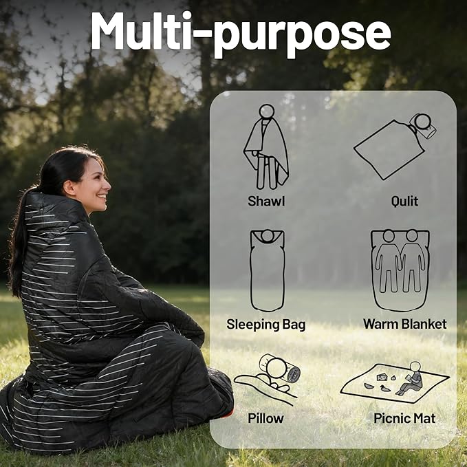 Lightweight Camping Blanket, Packable, Down Alternative, Puffy, Printed Wearable Blankets, Warm Camping Quilt with Snap Buttons for Outdoor, Travel, Hiking