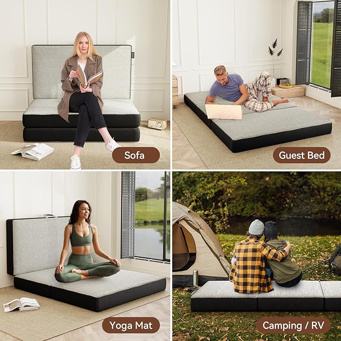 Memory Foam Trifold Mattress - King Portable Floor Bed 6 Inch, Foldable Mat with Washable Cover, Handle & Non-Slip Bottom, for RV, Travel, Camping, Yoga, 80"x76"x6"