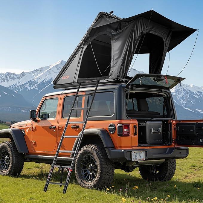 VEVOR Rooftop Tent Hard Shell, 2-3 Person Aluminum Roof Top Tent Hardshell with Tri-Color LED Light, Thick Mattress & 1 Window, Waterproof Windproof Overland Camping Car Roof Rack for Jeep SUV Pickup