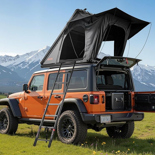 VEVOR Rooftop Tent Hard Shell, 2-3 Person Aluminum Roof Top Tent Hardshell with Tri-Color LED Light, Thick Mattress & 1 Window, Waterproof Windproof Overland Camping Car Roof Rack for Jeep SUV Pickup