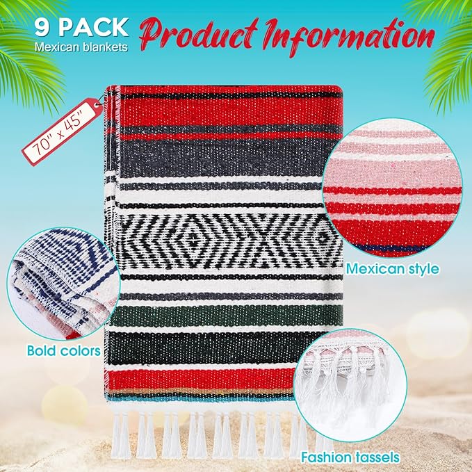 Peryiter 9 Pcs Mexican Blanket Bulk Large Yoga Blanket Striped Falsa with Fringed for Outdoor Beach Picnic Couch, 45 x 70 inch (Retro Colors)