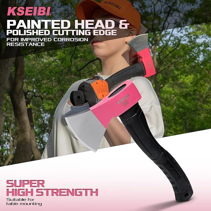 KSEIBI Hatchet with Sheath, Camping Axe for Splitting and Kindling Wood, Forged Steel Blade with Anti-Slip and Shock Reduction Handle Great Throwing Hatchets Pink