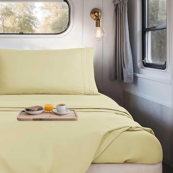 Hearth & Harbor Short Queen Sheets for RV, Vanilla Yellow RV Queen Sheets, Silky Soft 1800 Microfiber Bed Sheet for Camper, 4 Piece RV Bedding with Pillowcases