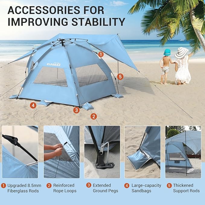 Elegear CumbreX™ Beach Tent with 360° Removable Canopy, 4-6 Person Pop Up Sun Shade Shelter, UPF 50+ Automated Installation Double Silver Coating Portable Lightweight Beach Cabana for Beach/Outdoor