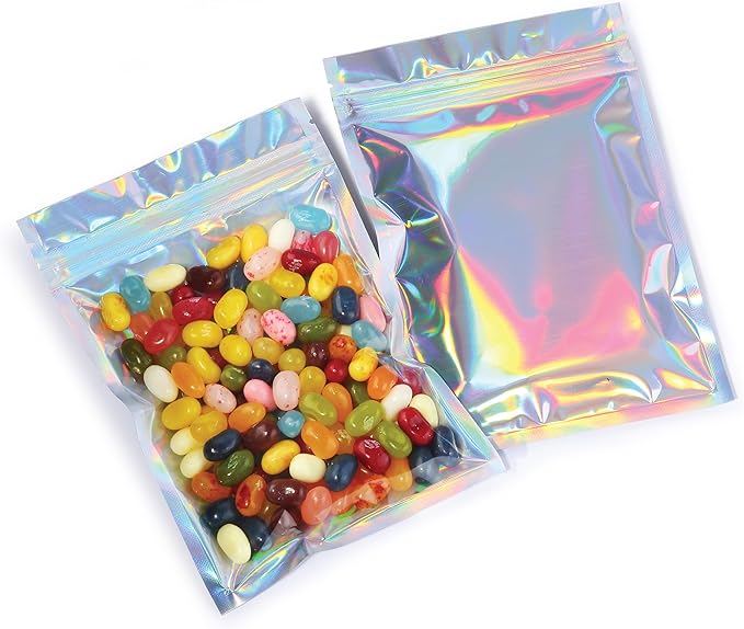 Mylar Bags with Zipper Seal 4.5" x 6.5" | 100 Bags | Rainbow Holographic | Sealable Heat Seal Bags for Candy and Food Packaging, Medications and Vitamins | For Liquid and Solids (4.5" x 6.5")