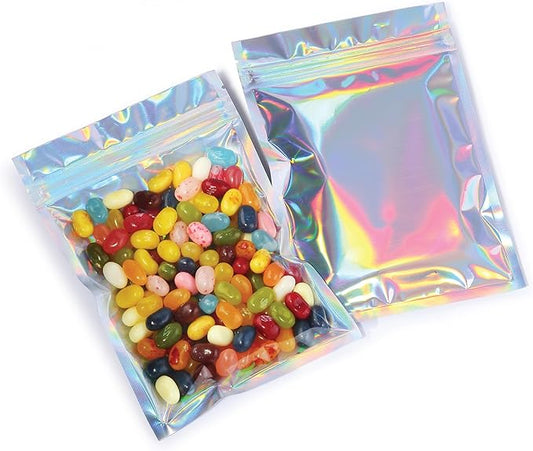 Mylar Bags with Zipper Seal 4.5" x 6.5" | 100 Bags | Rainbow Holographic | Sealable Heat Seal Bags for Candy and Food Packaging, Medications and Vitamins | For Liquid and Solids (4.5" x 6.5")
