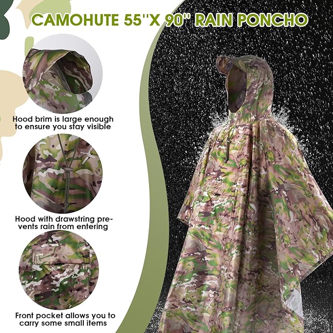 Military Camo Rain Poncho, Extra Large Tactical Poncho Shelter, with Pocket, Waterproof, for Hunting Hiking Camping Emergency