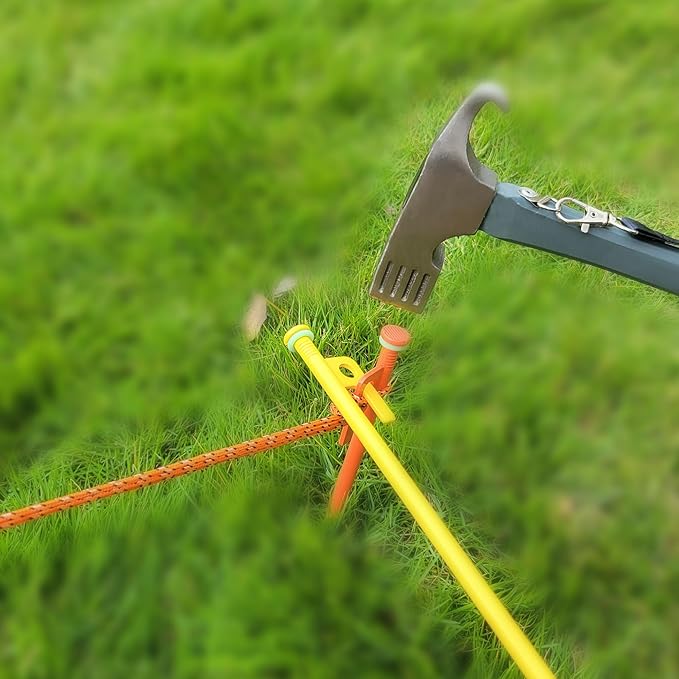 8 PCS Tent Stakes & Hammer Kit， Heavy Duty Metal Tent Pegs for Camping Steel Tent Stakes(Yellow)