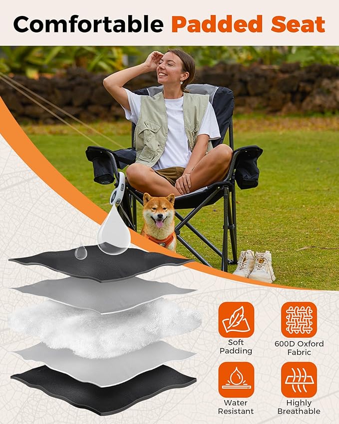 KingCamp Oversized Camping Folding Chair, Heavy Duty 450 LBS with Lumbar Support, Padded seat with Cup Holder&Cooler Bag, Ideal for Camp, Fishing, Sports Event, Backyard, Patio, Lawn