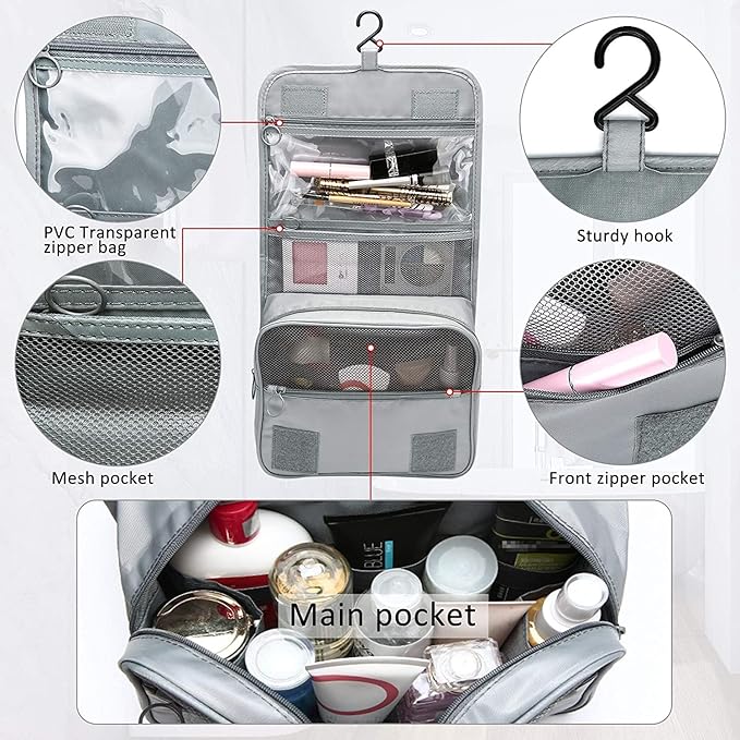 Trawila Travel Hanging Toiletry Bag Cosmetic Bag Makeup Organizers for Men & Women with Sturdy Hook (Gray 2)