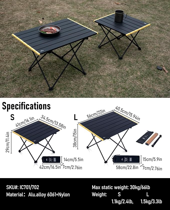 iClimb Ultralight Compact Camping Folding Table with Carry Bag (Black - L)