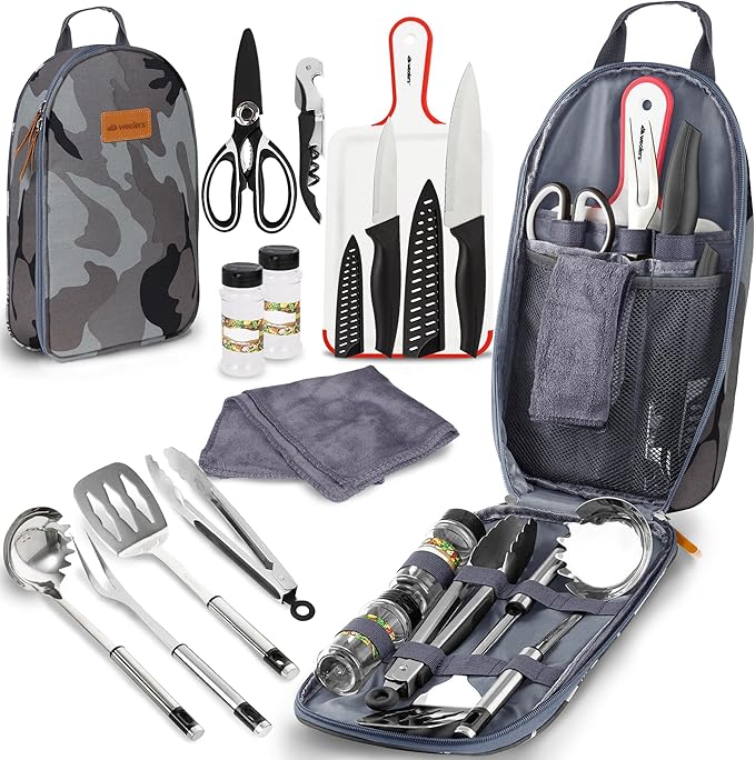 Camp Kitchen Cooking Utensil Set Travel Organizer Grill Accessories Portable Compact Gear for Backpacking BBQ Camping Hiking Travel Cookware Kit Water Resistant Case