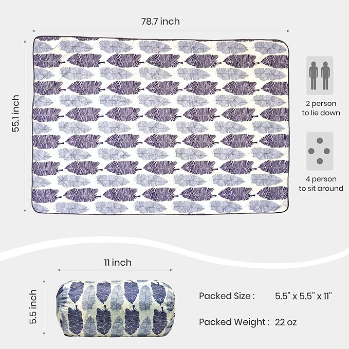 Waterproof Outdoor Blanket, 79" x 55" Large Packable Picnic Blankets, Foldable Picnic Mat for Park, Lawn, Grass, Beach, Concert (Ethnic Feather)