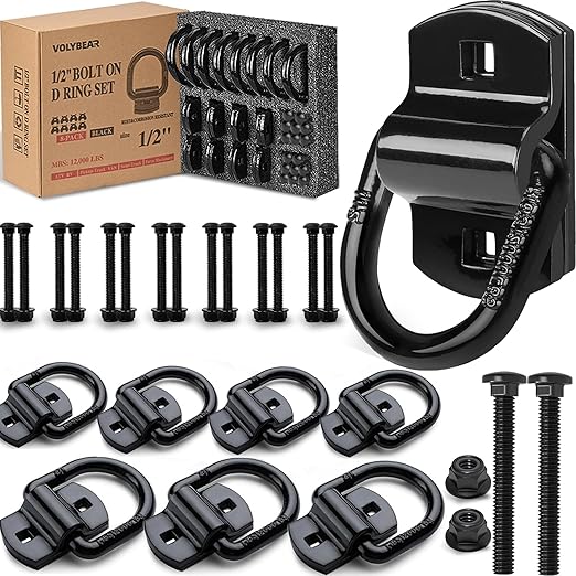 8-Pack 1/2-Inch Heavy Duty Bolt-On Forged D-Ring Shackles - 12,000Lbs Breaking Strength Truck Bed Anchors, Cargo Tie Down Hooks for Trailers, Trucks & Cargo Securement (Black)