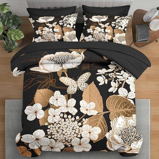 Comforter Set King Size, Hydrangea Butterfly Flower 7 Pcs Bedding for Kids and Adults, Black Gold Bed Sheet Sets with Fitted Sheet 2 Pillowcase & 2 Sham for Bedroom Bed Decor