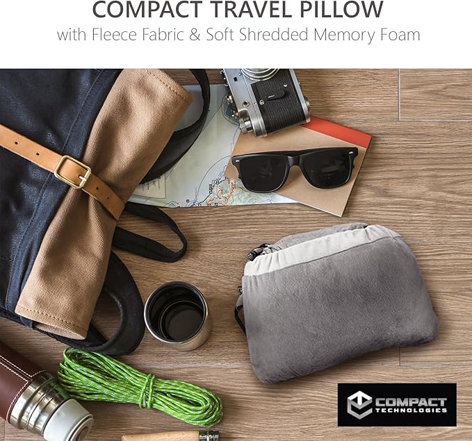 Compact Travel Pillow Made with Shredded Memory Foam and Super Soft Fleece Fabric for Ultimate Comfort in Travel. Patented Design Rolls and Compacts Small for Travel. (Grey)