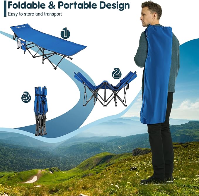 Goplus Folding Camping Cot, 27.5" Sleeping Cot for Adults with Carry Bag, 600LBS Weight Capacity, Slanted Head, Side Pocket, Heavy Duty Portable Camping Bed for Kids, Beach, Office Snap (Blue)
